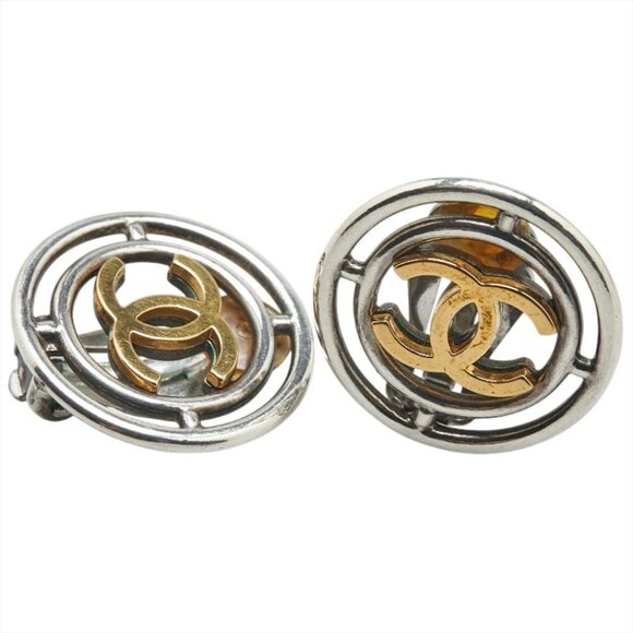 CHANEL CC Logos Circle Round Clip-On Earrings Silver Gold Tone 96P Auth #1368 - Picture 1 of 5